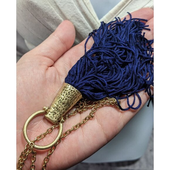 Hammered Gold Tone Tassel Pendant Necklace With Blue Tassel - Picture 6 of 6